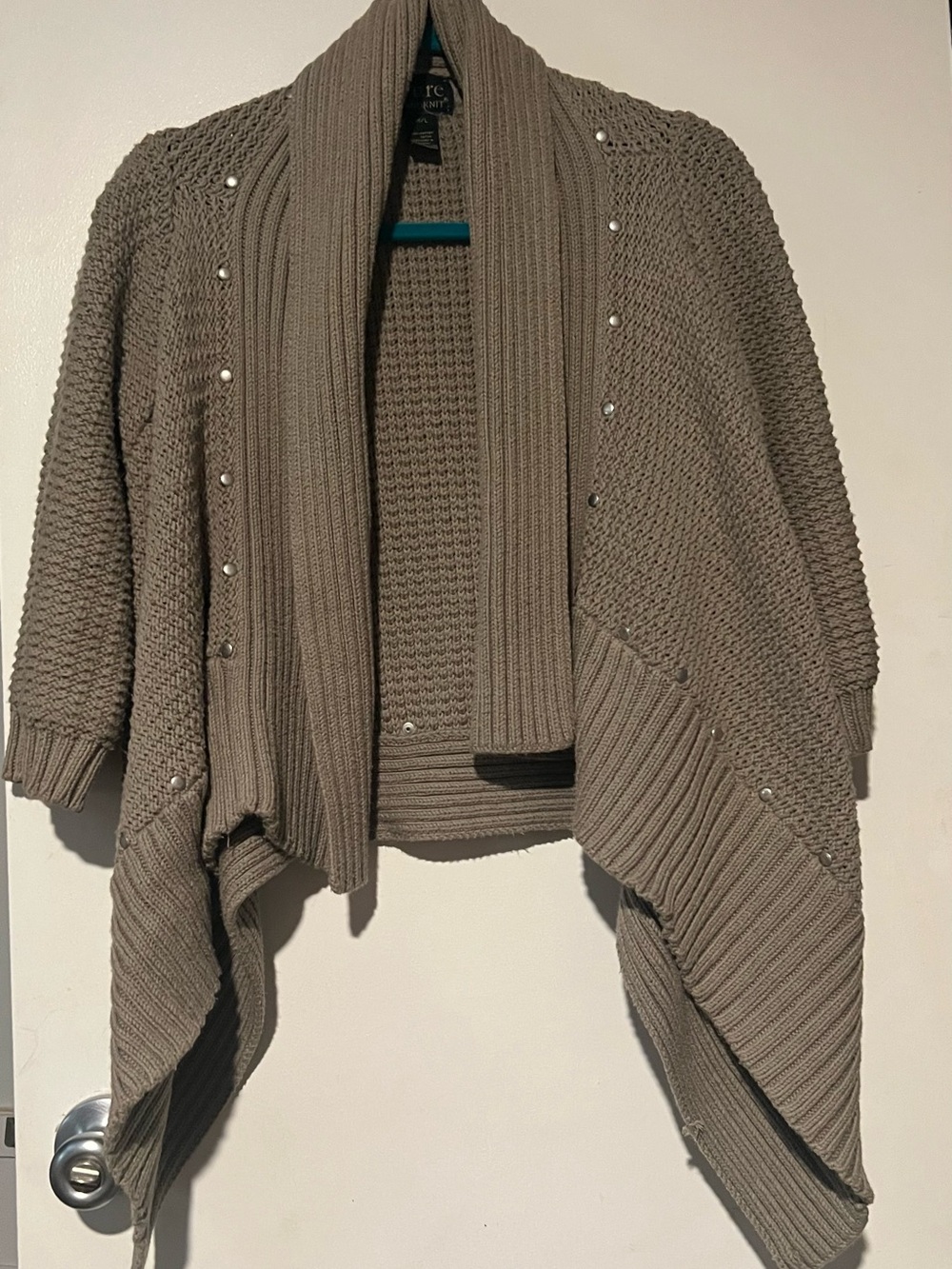 Silver-Embellished Taupe Open-Front Knit Poncho Sweater